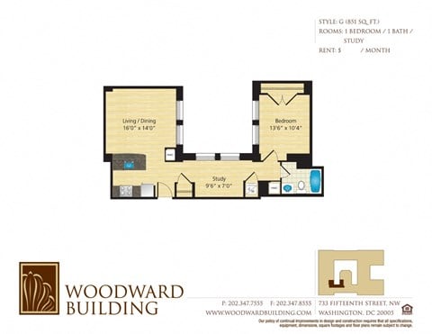 Floor plan for 1 bed, 1 bath, 851 sqft